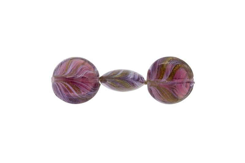 GLASS BEADS - MURANO STYLE - BONIBON WITH STRIPES - TRANSPARENT - 20х10mm PURPLE (LIGHT)-WHITE-GOLD - 20pcs. Hole:1.5mm