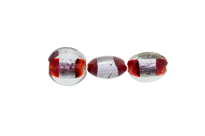 GLASS BEADS - MURANO STYLE - BONIBON WITH SILVER FILLING 02 - 20х10mm WHITE-SILVER-RED (DARK) - 20pcs. Hole:1.5mm