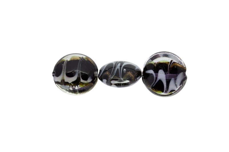 GLASS BEADS - MURANO STYLE - BONIBON WITH STRIPES 02 - TRANSPARENT - 20х10mm BLACK-WHITE-GOLD - 20pcs. Hole:1.5mm