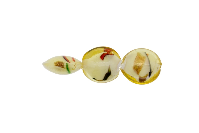 GLASS BEADS - MURANO STYLE - BONIBON WITH WHITE FILLING AND SPOTS - 20х10mm AMBER AND COLORFUL - 20pcs. Hole:1.5mm