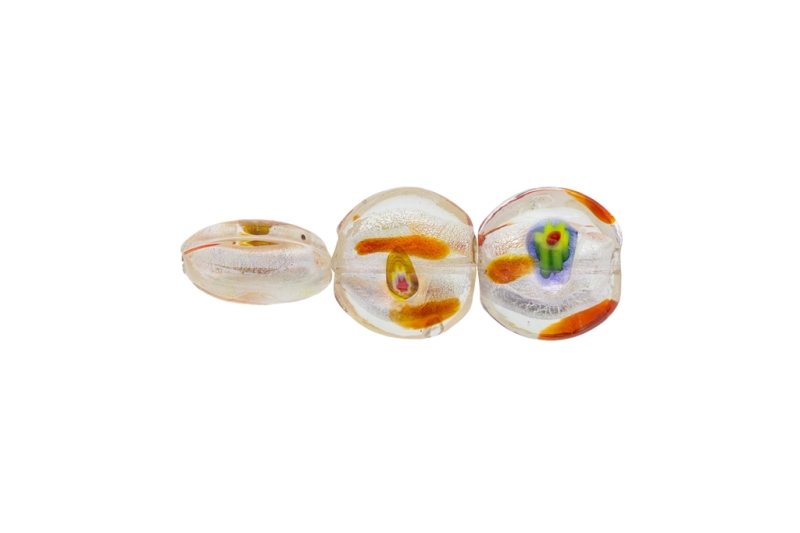 GLASS BEADS - MURANO STYLE - BONIBON WITH SILVER FILLING AND SPOTS - 20х10mm WHITE AND COLORFUL 01 - 20pcs. Hole:1.5mm