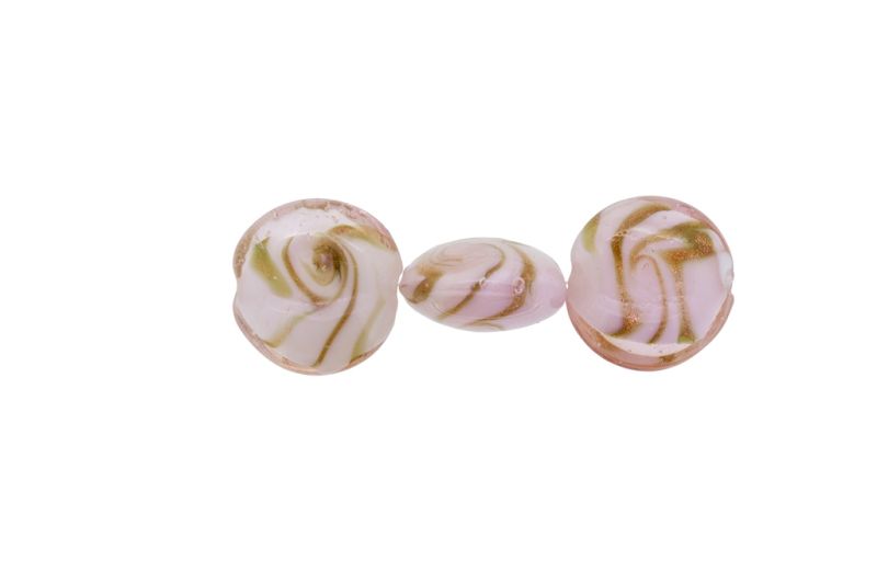GLASS BEADS - MURANO STYLE - BONIBON WITH WHITE FILLING AND SPIRAL - 20х10mm PINK (LIGHT) AND GOLD - 20pcs. Hole:1.5mm