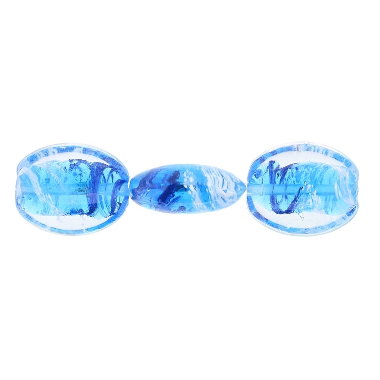 GLASS BEADS - MURANO STYLE - OVAL FLAT WITH COLOR FILLING - 31х24х12mm WHITE-BLUE SKY-BLUE (DARK) - 10pcs. Hole:1.5mm