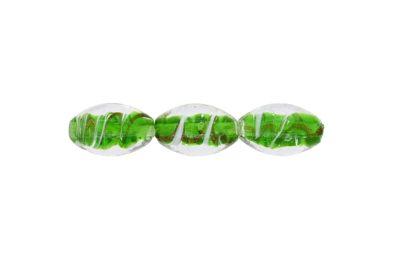 GLASS BEADS - MURANO STYLE - ELLIPSE WITH STRIPES 02 - TRANSPARENT - 24х16mm GREEN (DARK)-WHITE-GOLD - 12pcs. Hole:1.5mm