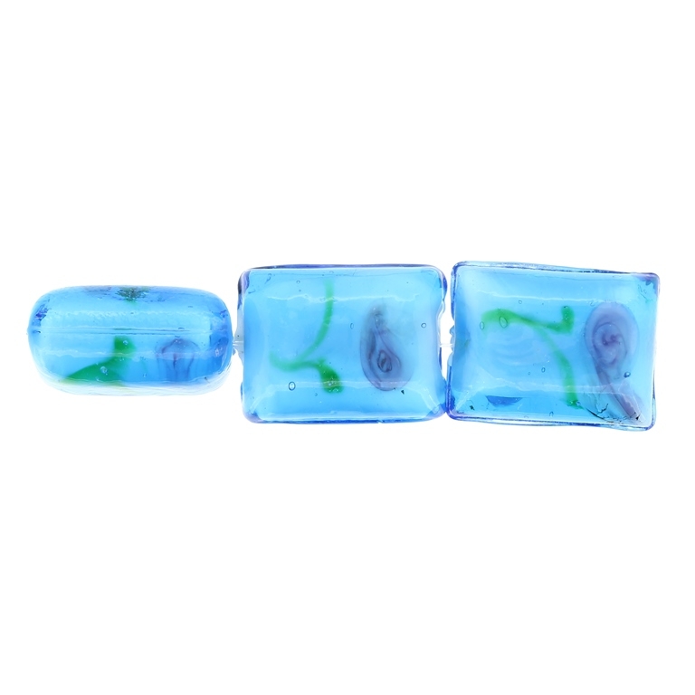 GLASS BEADS - MURANO STYLE - RECTANGULAR WITH WHITE FILLING AND FLOWERS - 20х16х11mm BLUE SKY (DARK)-GREEN-ROSE DUST - 15pcs. Hole:1.5mm