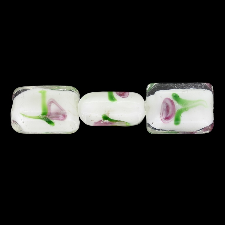 GLASS BEADS - MURANO STYLE - RECTANGULAR WITH WHITE FILLING AND FLOWERS - 20х16х11mm WHITE-GREEN-ROSE DUST - 15pcs. Hole:1.5mm