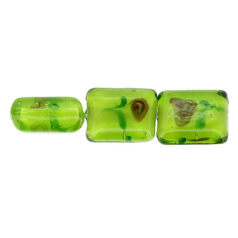 GLASS BEADS - MURANO STYLE - RECTANGULAR WITH WHITE FILLING AND FLOWERS - 20х16х11mm GREEN-GREEN-ROSE DUST - 15pcs. Hole:1.5mm