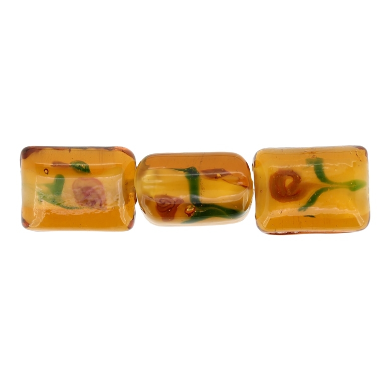 GLASS BEADS - MURANO STYLE - RECTANGULAR WITH WHITE FILLING AND FLOWERS - 20х16х11mm AMBER (DARK)-GREEN-ROSE DUST - 15pcs. Hole:1.5mm