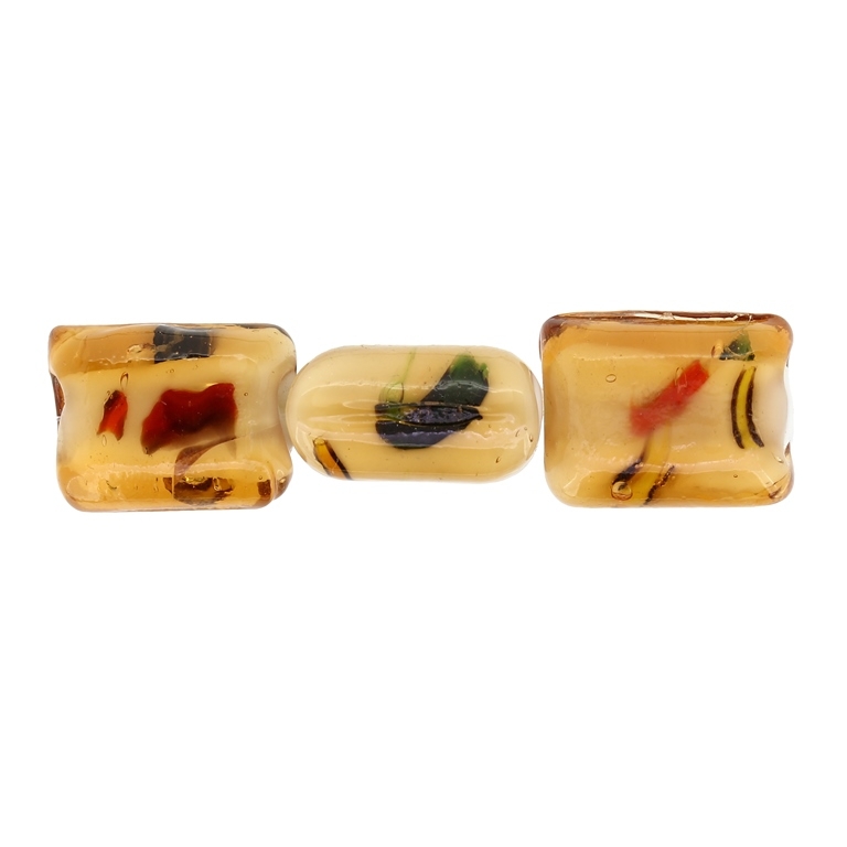 GLASS BEADS - MURANO STYLE - RECTANGULAR WITH WHITE FILLING AND SPOTS - 20х16х11mm AMBER (DARK) AND COLORFUL - 15pcs. Hole:1.5mm