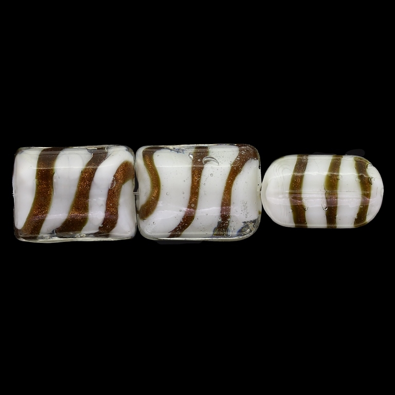 GLASS BEADS - MURANO STYLE - RECTANGULAR WITH WHITE FILLING AND STRIPES - 20х16х13mm WHITE AND GOLD - 15pcs. Hole:1.5mm