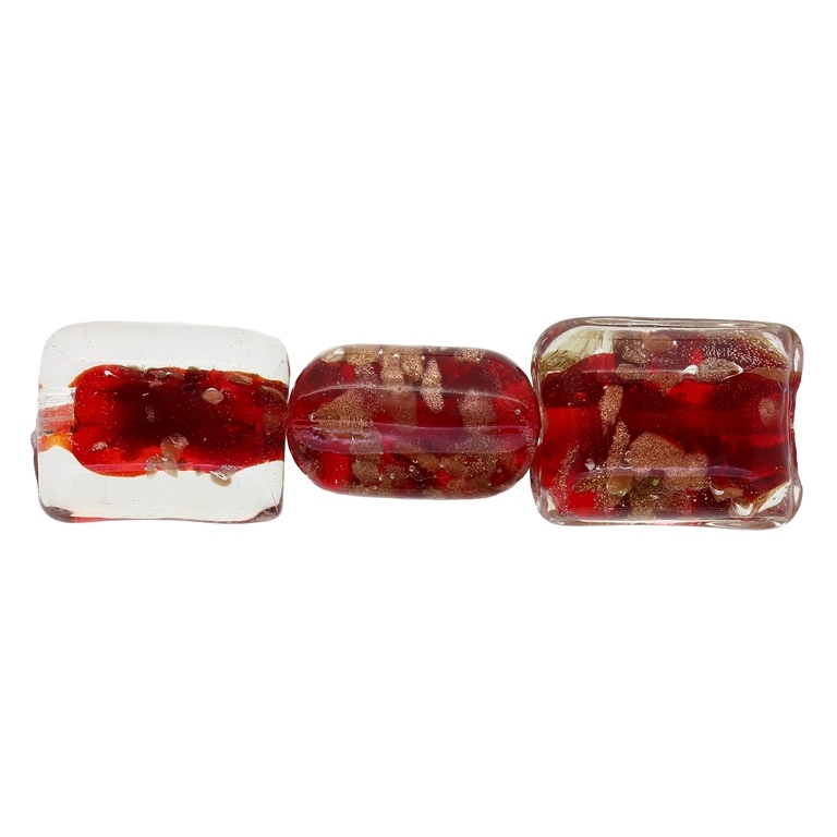 GLASS BEADS - MURANO STYLE - RECTANGULAR WITH COLORFUL FILLING - 20х16х13mm WHITE-RED-COPPER - 15pcs. Hole:1.5mm