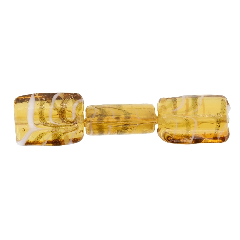 GLASS BEADS - MURANO STYLE - RECTANGULAR WITH STRIPES 02 - TRANSPARENT - 20х16х9mm AMBER (DARK)-WHITE-GOLD - 15pcs. Hole:1.5mm