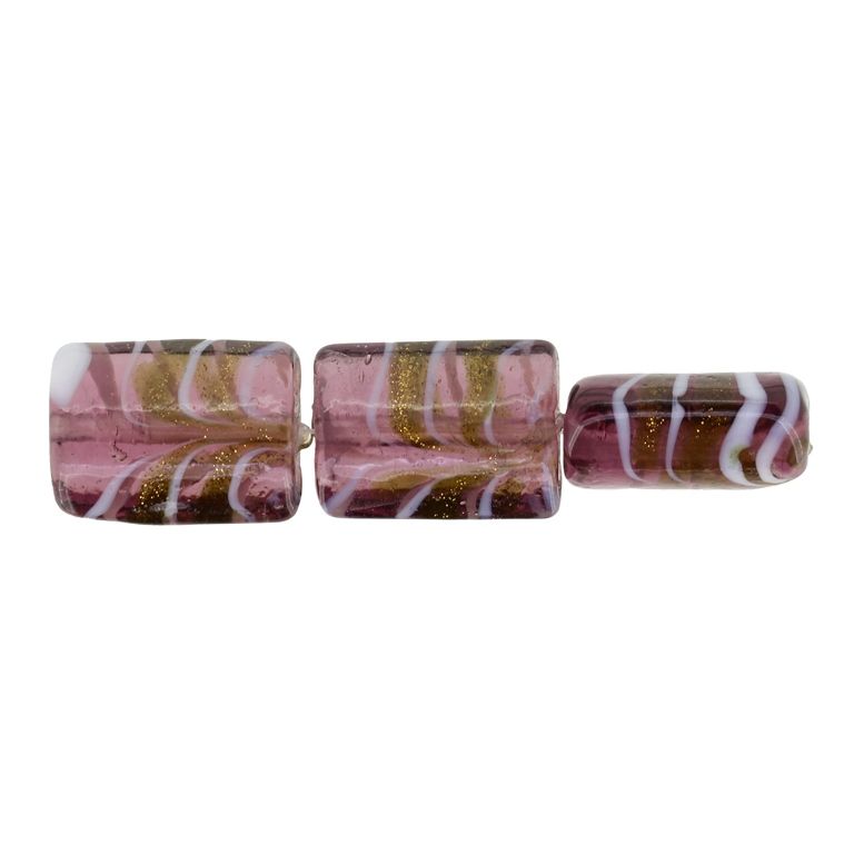 GLASS BEADS - MURANO STYLE - RECTANGULAR WITH STRIPES 02 - TRANSPARENT - 20х16х9mm CYCLAMEN (DARK)-WHITE-GOLD - 15pcs. Hole:1.5mm