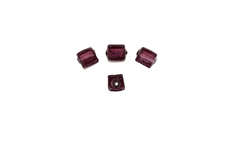 GLASS BEADS - MURANO STYLE - CUBE WITH SILVER FILLING - 10х10mm CYCLAMEN (DARK) - 30pcs. Hole:1.5mm