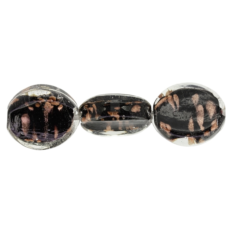 GLASS BEADS - MURANO STYLE - OVAL CONCAVED WITH BLACK FILLING AND SPOTS - 29х25х11mm WHITE AND COPPER - 10pcs. Hole:1.5mm