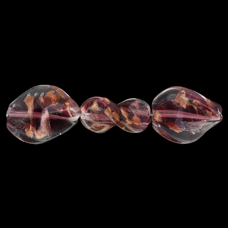 GLASS BEADS - MURANO STYLE - OVAL WAVE WITH SPOTS - TRANSPARENT - 19х16mm WHITE-CYCLAMEN (DARK)-COPPER - 25pcs. Hole:1.5mm