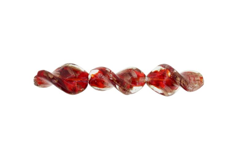 GLASS BEADS - MURANO STYLE - ELLIPSE WAVE WITH SPOTS - TRANSPARENT - 28х18mm WHITE-RED-COPPER - 15pcs. Hole:1.5mm