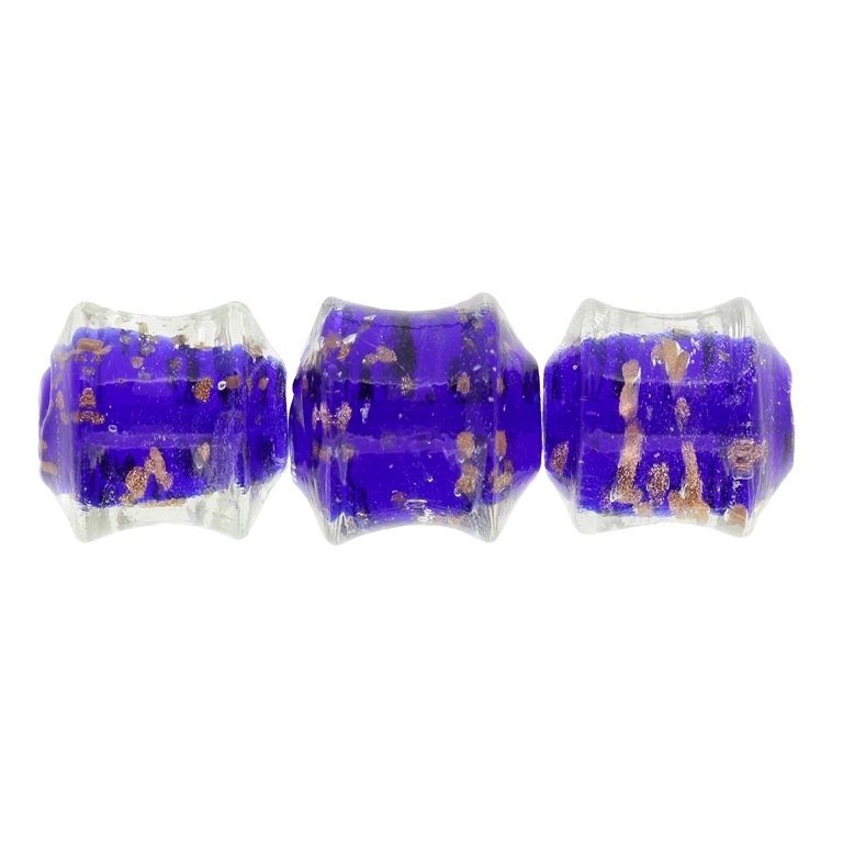 GLASS BEADS - MURANO STYLE - CYLINDER CONCAVED WITH SPOTS - TRANSPARENT - 21х21mm WHITE-BLUE (DARK)-COPPER - 12pcs. Hole:1.5mm