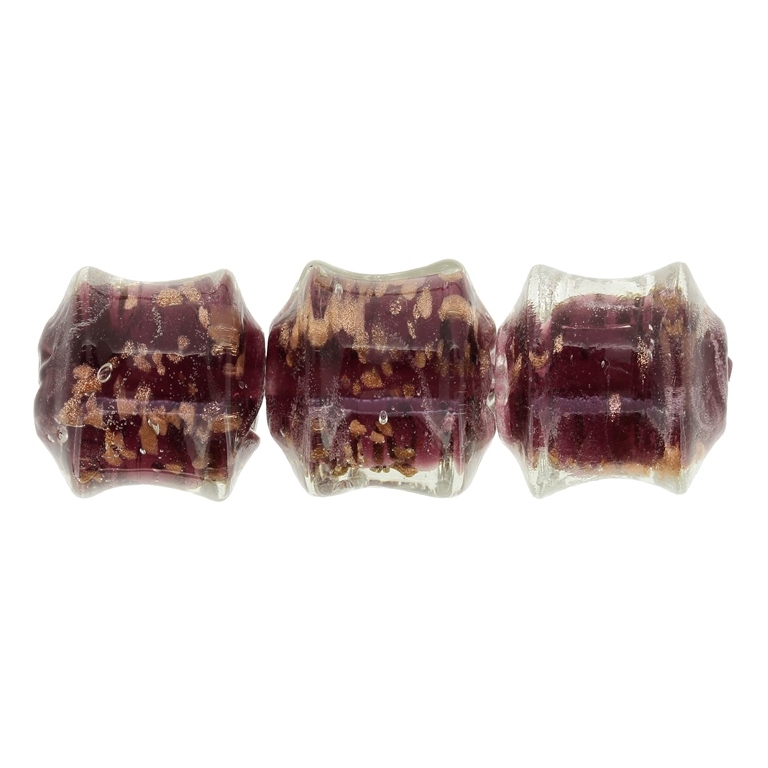 GLASS BEADS - MURANO STYLE - CYLINDER CONCAVED WITH SPOTS - TRANSPARENT - 21х21mm WHITE-CYCLAMEN (DARK)-COPPER - 12pcs. Hole:1.5mm