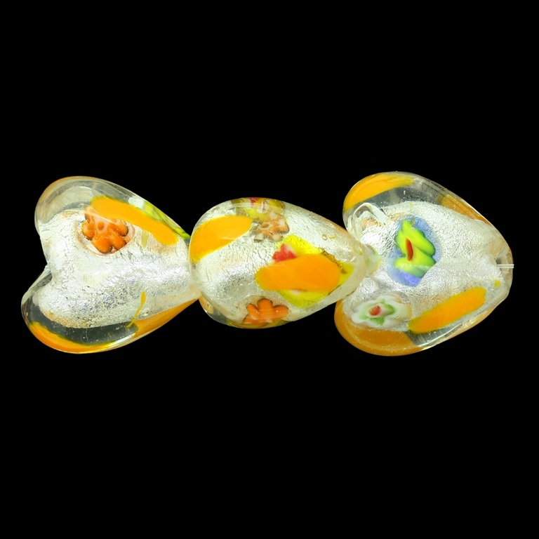 GLASS BEADS - MURANO STYLE - HEART 02 WITH SILVER FILLING WITH SPOTS - 20х20х13mm WHITE AND COLORFUL - 12pcs. Hole:1.5mm