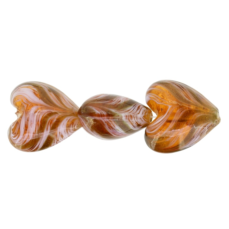 GLASS BEADS - MURANO STYLE - HEART 01 WITH STRIPES - TRANSPARENT - 20х20х13mm BROWN (LIGHT)-WHITE-GOLD - 15pcs. Hole:1.5mm