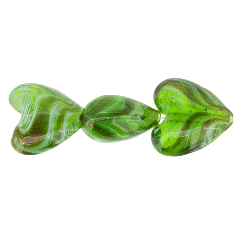 GLASS BEADS - MURANO STYLE - HEART 01 WITH STRIPES - TRANSPARENT - 20х20х13mm GREEN MILITARY -WHITE-GOLD - 15pcs. Hole:1.5mm