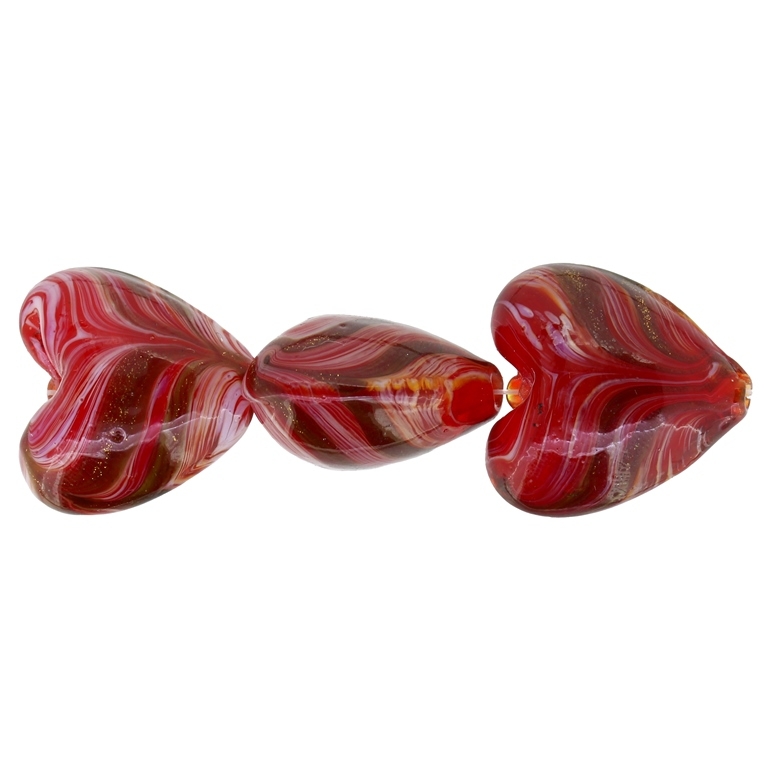 GLASS BEADS - MURANO STYLE - HEART 01 WITH STRIPES - TRANSPARENT - 20х20х13mm RED (DARK)-WHITE-GOLD - 15pcs. Hole:1.5mm