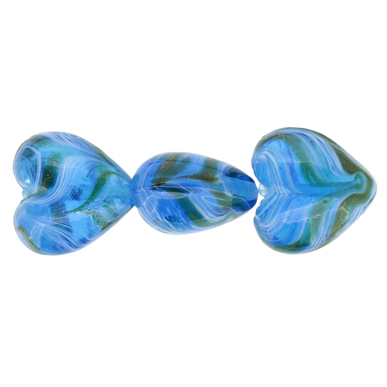 GLASS BEADS - MURANO STYLE - HEART 01 WITH STRIPES - TRANSPARENT - 20х20х13mm BLUE SKY (DARK)-WHITE-GOLD - 15pcs. Hole:1.5mm