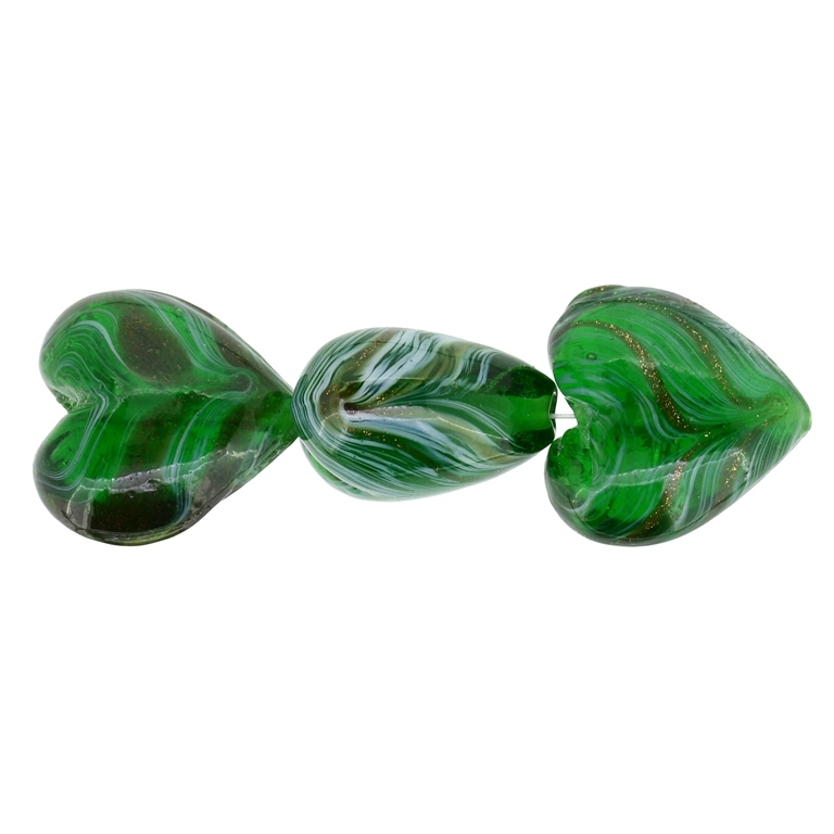 GLASS BEADS - MURANO STYLE - HEART 01 WITH STRIPES - TRANSPARENT - 20х20х13mm GREEN (DARK)-WHITE-GOLD - 15pcs. Hole:1.5mm