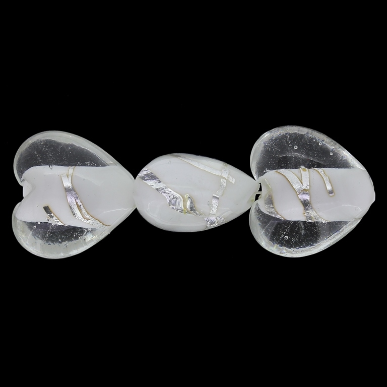 GLASS BEADS - MURANO STYLE - HEART 02 WITH WHITE FILLING AND SILVER THREADS - 20х20х13mm WHITE AND SILVER - 12pcs. Hole:1.5mm