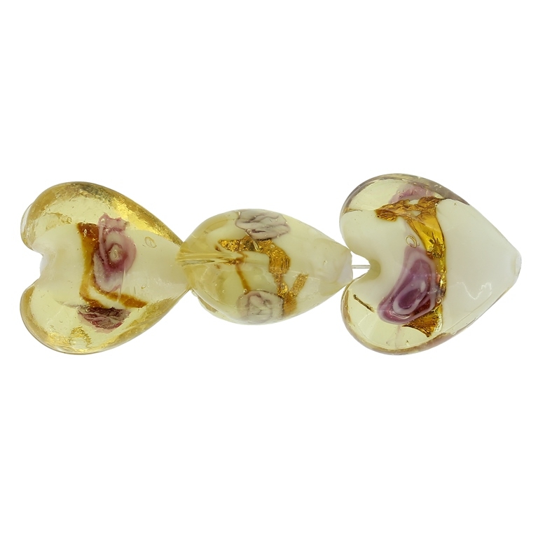 GLASS BEADS - MURANO STYLE - HEART 01 WITH WHITE FILLING AND SPOTS 02 - 20х20х13mm AMBER-PINK-GOLD - 15pcs. Hole:1.5mm