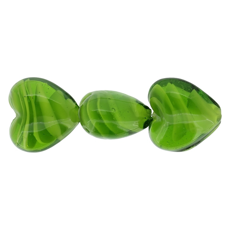 GLASS BEADS - MURANO STYLE - HEART 01 WITH FILLING SPIRAL - 20х20х13mm GREEN AND WHITE - 15pcs. Hole:1.5mm