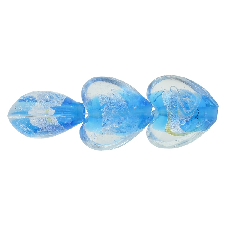 GLASS BEADS - MURANO STYLE - HEART 01 WITH SILVER FILLING - SPIRAL - 20х20х13mm WHITE AND BLUE SKY - 15pcs. Hole:1.5mm