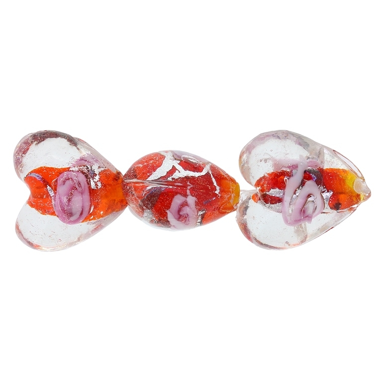 GLASS BEADS - MURANO STYLE - HEART 01 WITH SPOTS 02 - TRANSPARENT - 20х20х13mm WHITE-RED (LIGHT)-PINK-SILVER - 15pcs. Hole:1.5mm