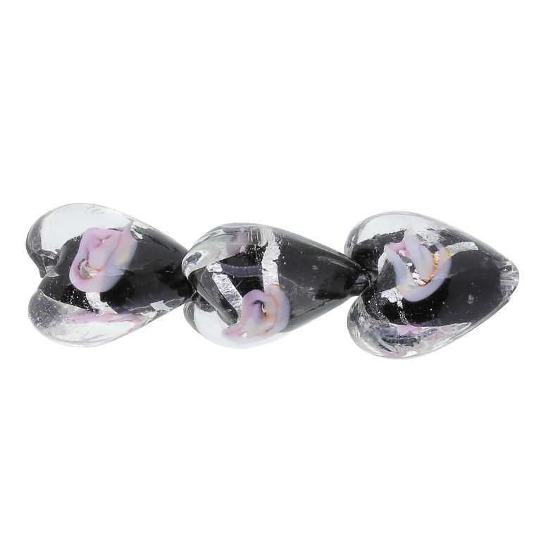 GLASS BEADS - MURANO STYLE - HEART 03 WITH BLACK FILLING AND SPOTS 02 - 16х16х10mm BLACK-PINK-SILVER - 30pcs. Hole:1.5mm