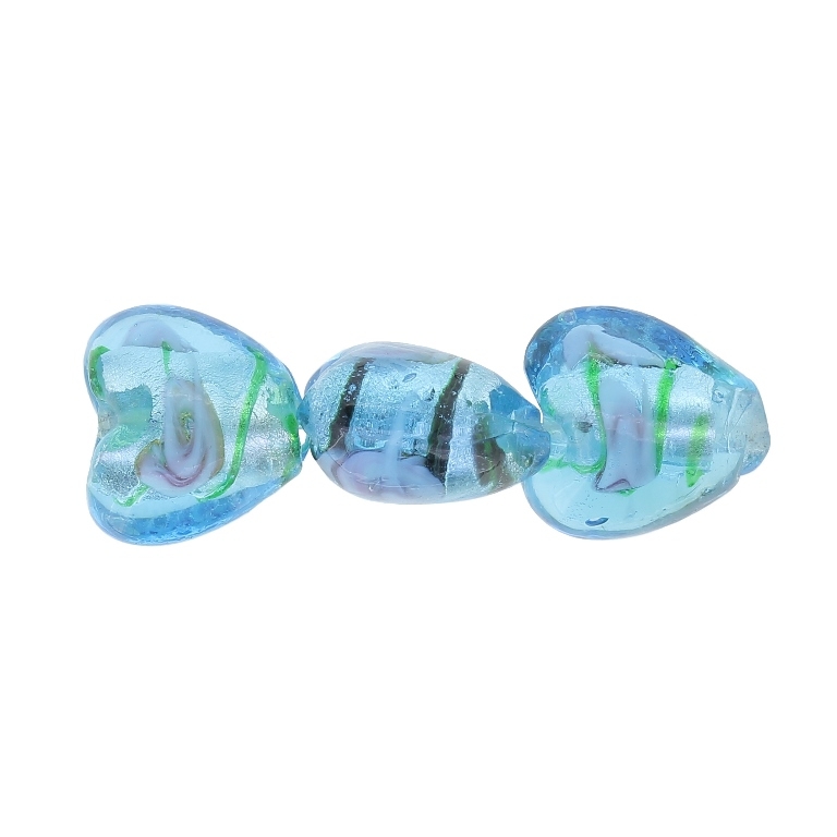 GLASS BEADS - MURANO STYLE - HEART 03 WITH SILVER FILLING AND SPOTS 02 - 15х15х10mm BLUE SKY-PINK-GREEN - 30pcs. Hole:1.5mm