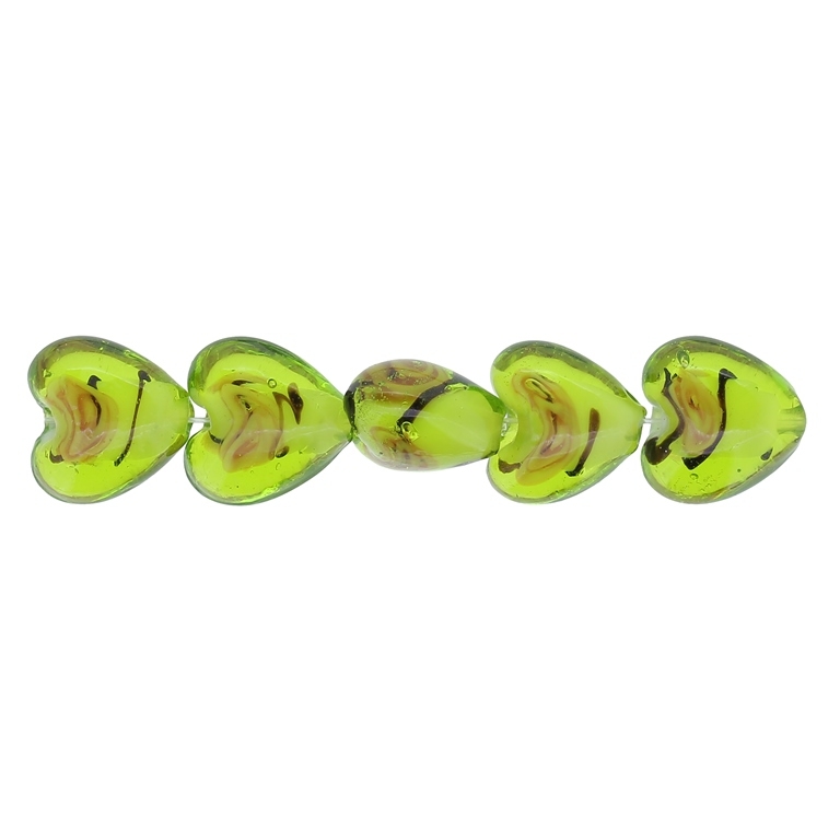 GLASS BEADS - MURANO STYLE - HEART 04 WITH WHITE FILLING AND SPOTS 02 - 12х12х8mm GREEN MILITARY -ORANGE (LIGHT)-SILVER - 40pcs. Hole:1.5mm