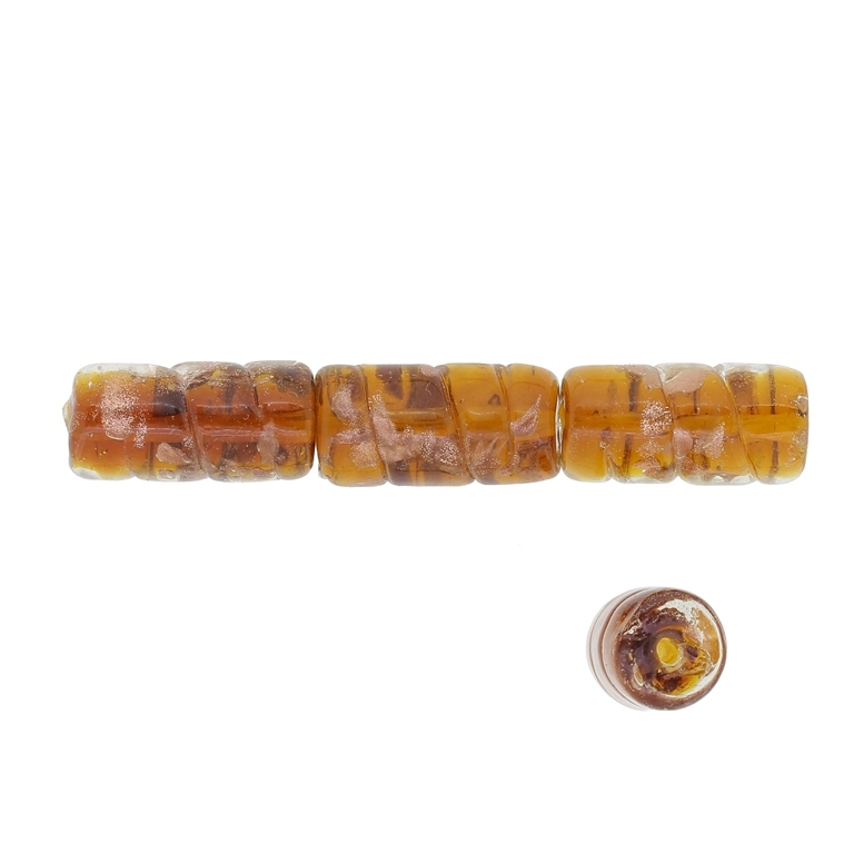 GLASS BEADS - MURANO STYLE - CYLINDER WITH RELIEF SPIRAL - TRANSPARENT - 21х11mm BROWN AND COPPER - 15pcs. Hole:1.5mm