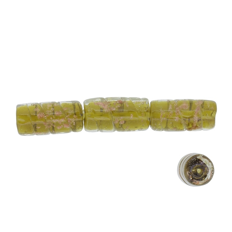 GLASS BEADS - MURANO STYLE - CYLINDER WITH RELIEF SPIRAL - TRANSPARENT - 21х11mm GREEN MILITARY (DARK) AND COPPER - 15pcs. Hole:1.5mm