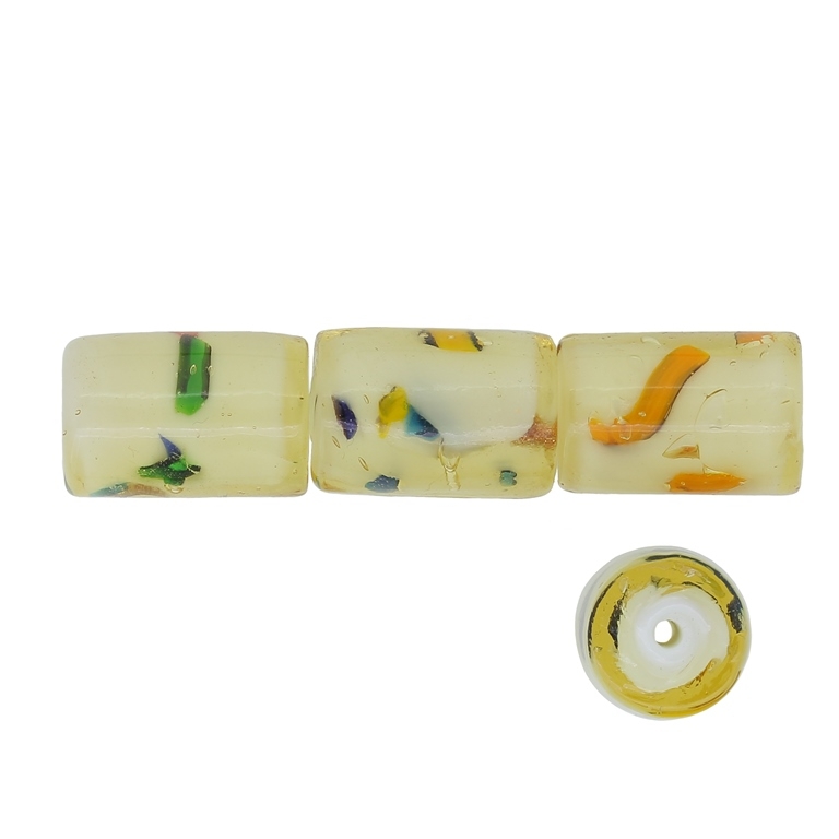 GLASS BEADS - MURANO STYLE - CYLINDER WITH WHITE FILLING AND SPOTS - 18х12mm AMBER AND COLORFUL - 15pcs. Hole:1.5mm