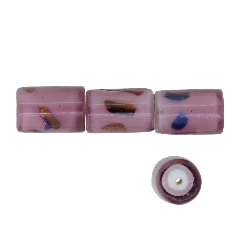 GLASS BEADS - MURANO STYLE - CYLINDER WITH WHITE FILLING AND SPOTS - 18х12mm CYCLAMEN (DARK) AND COLORFUL - 15pcs. Hole:1.5mm