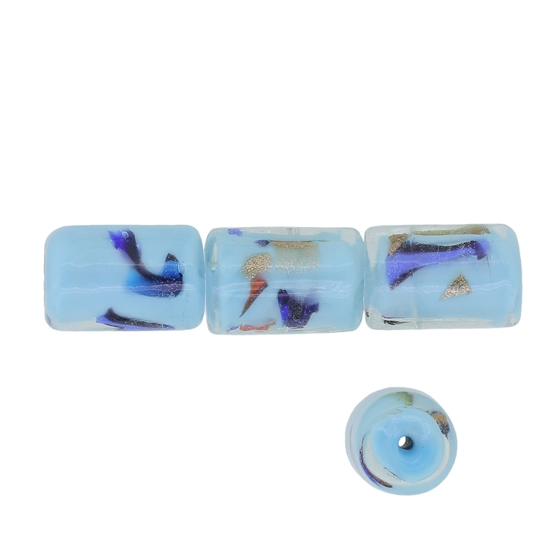 GLASS BEADS - MURANO STYLE - CYLINDER WITH BLUE FILLING AND SPOTS - 18х12mm WHITE-BLUE (LIGHT)-COLORFUL - 15pcs. Hole:1.5mm