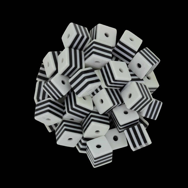 RESIN PLASTIC BEADS - CUBE RESIN STRIPE BEADS - 8х8mm WHITE WITH BLACK - 500 pcs. Hole-2.0mm