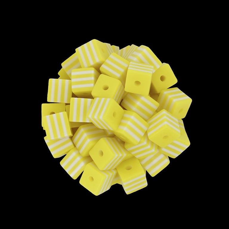 RESIN PLASTIC BEADS - CUBE RESIN STRIPE BEADS - 8х8mm YELLOW 02 WITH WHITE - 500 pcs. Hole-2.0mm