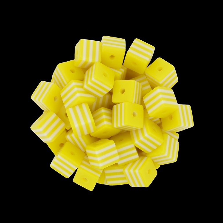 RESIN PLASTIC BEADS - CUBE RESIN STRIPE BEADS - 8х8mm YELLOW WITH WHITE - 500 pcs. Hole-2.0mm