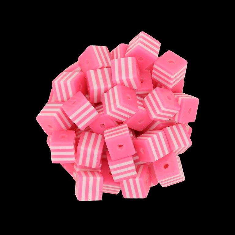 RESIN PLASTIC BEADS - CUBE RESIN STRIPE BEADS - 8х8mm PINK 02 WITH WHITE - 50 pcs. Hole-2.0mm