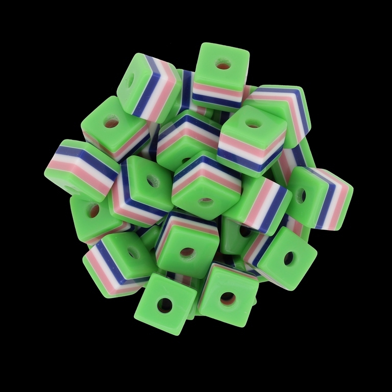 RESIN PLASTIC BEADS - CUBE RESIN STRIPE BEADS - 10х10mm GREEN WITH PINK-WHITE-BLUE - 500 pcs. Hole-3.5mm