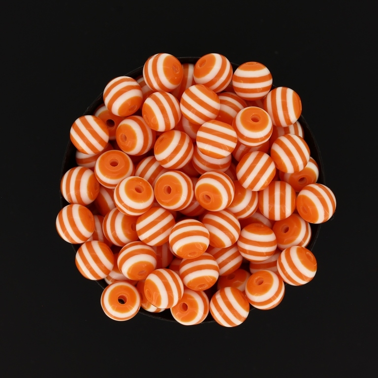 RESIN PLASTIC BEADS - BALL RESIN STRIPE BEADS - 8mm ORANGE (LIGHT) WITH WHITE - 50 pcs. Hole-1.5mm