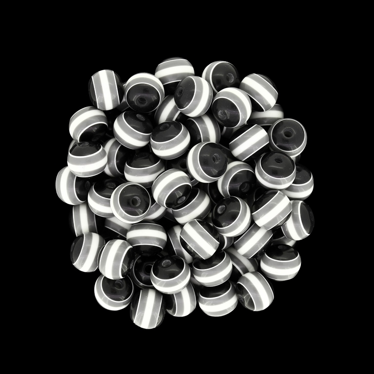 RESIN PLASTIC BEADS - BALL RESIN STRIPE BEADS - 8mm BLACK WITH WHITE AND GRAY STRIPE - 50 pcs. Hole-1.5mm