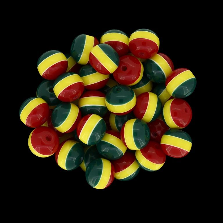 RESIN PLASTIC BEADS - BALL RESIN STRIPE BEADS - 10mm RED-YELLOW-GREEN (DARK) - 1000pcs. Hole-2.0mm